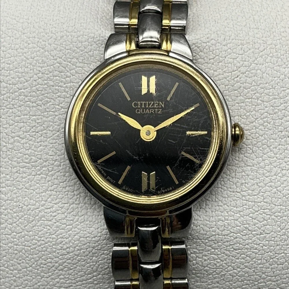 Vintage Citizen Womens Watch 21mm Black Round Dial Two Tone New Battery 6